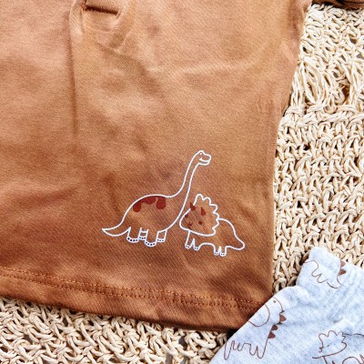 Conj. Camiseta Dinos e Bermuda - Caramelo e Mescla